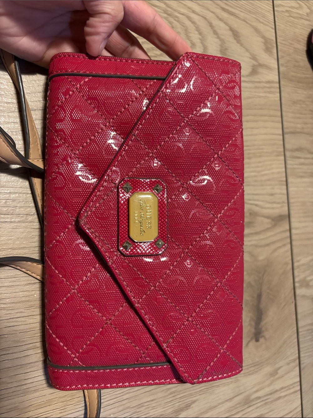 Guess Red Quilted Crossbody Wallet with Gold Plaque And Tan Strap